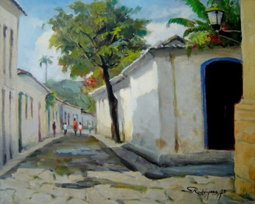 Salvador Rodrigues Jr. (1907-1995)Rua da árvore - ParatiÓleo sobre tela40 x 50 cm