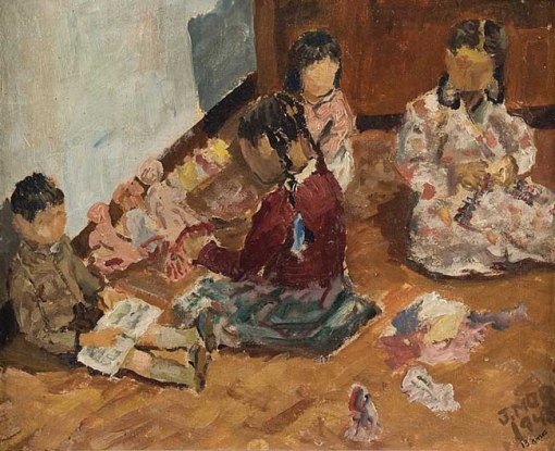 Jorge Mori,Crianças brincando,ost, 1945, 33,5 x 41 cm.