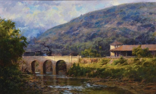 MAURO FERREIRA (1958). paisagem com Locomotiva e Riacho no Interior de Minas, óleo s tela, 46 X 75. Assinado e datado (2009)