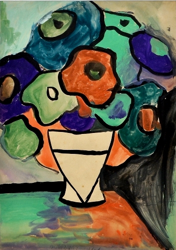 ATHOS BULCÃO (1918 - 2008). Vaso com Flores Sobre a Mesa, aquarela, 31 X 23. Assinado e datado (1940) no c.i.d