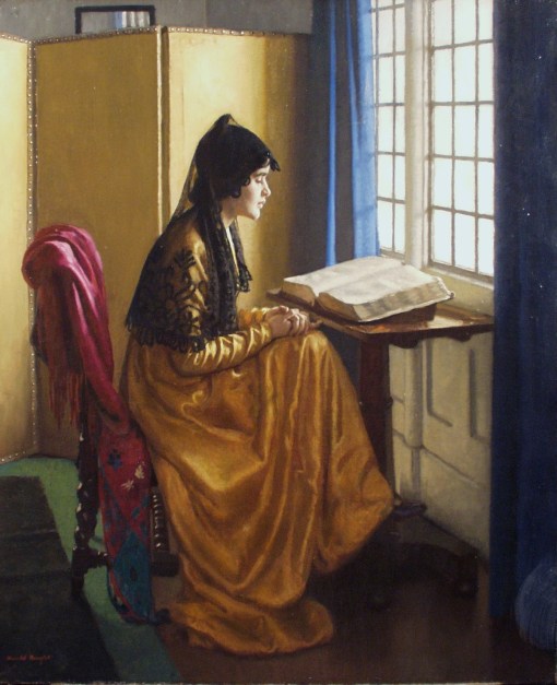 HAROLD KNIGHT - Lendo à janela - Óleo sobre painel - 61 X 51