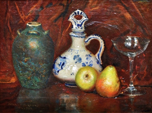 OSWALDO TEIXEIRA (1904-1975).Peras. Cálices, Jarro e Vaso em cerâmica, óleo s tela, 40 x 53. Assinado, datado (1933) e localizado (Rio)