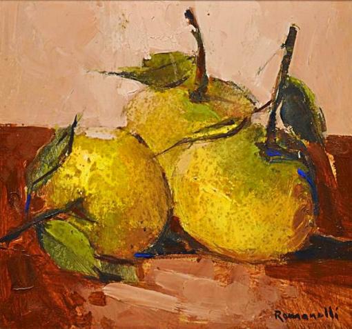 ROMANELLI, Armando (1945) - Laranjas, óleo sobre chapa de madeira industrializada - 21 x 20 cm. Assinado frente e no verso assinado datado 1979.