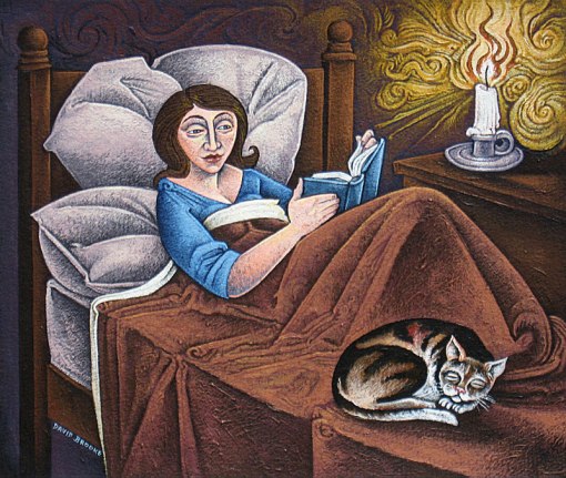 David Brooke (Inglaterra) , Reading in bed, acrílica 10 x 10 inches