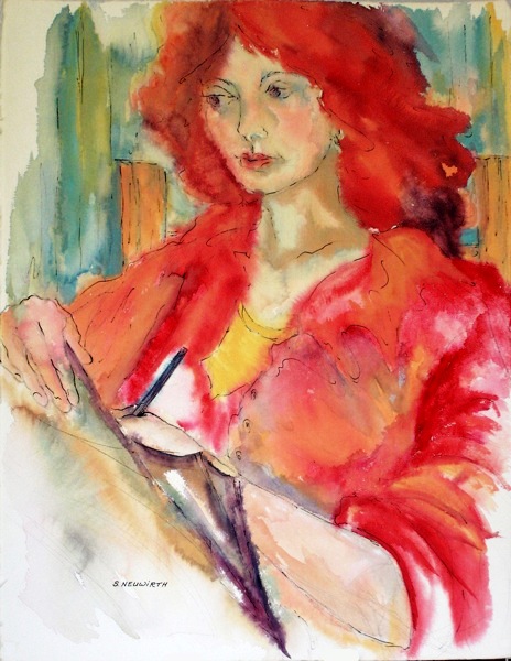 Sidney Neuwirth, jovem ruiva escrevendo, aquarela 75 x 60 cm