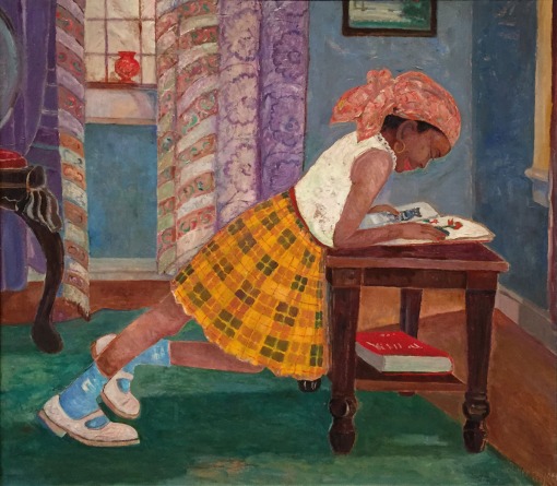 Hayden, Young Girl Reading, a late (1960) painting by Harlem Renaissance artist Palmer C. Hayden.