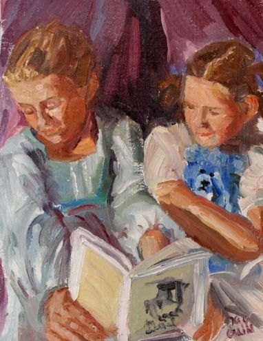 Lauren and Maddie read a book, painting by artist Kay Crain