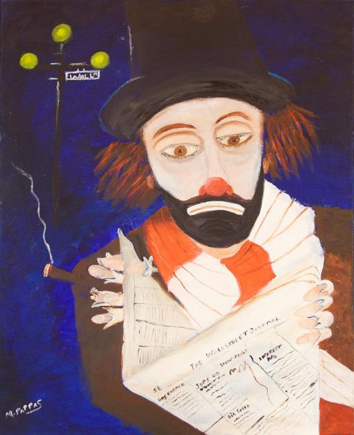 Palhaço lendo Wall street journal, margaret-pappas,(EUA, contemp)ost, 90 x 60 cm