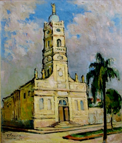 TOMOO HANDA - 1906-1996- Catedral de Cuiabá, MT - Iconográfico , Óleo sobre tela, Assinado canto inferior esquerdo, de 1950, acompanha moldura da época, Medindo 66 x 56 cm