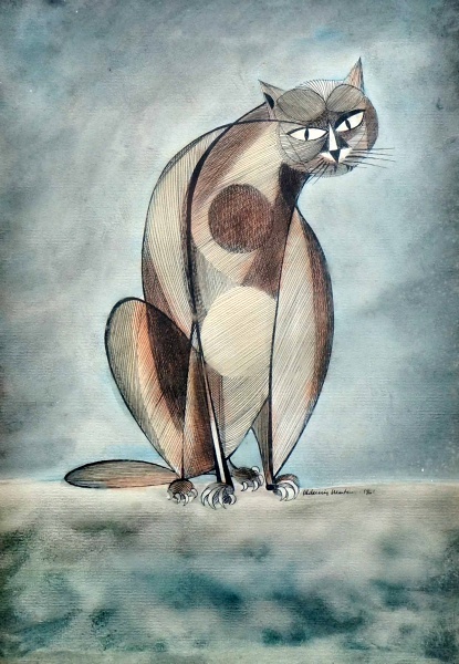 ALDEMIR MARTINS - Gato - Nanquim Aquerelado CID - 1961 - 33 x 23 cm