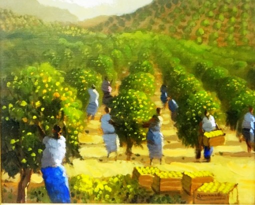 ARMANDO ROMANELLI 1945 - Colheita de Laranja, óleo stela. Med. 40 x 50 cm.