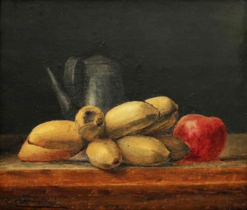 CARLOS CHAMBERLLAND (1884-1950) - Natureza Morta - Frutas e Bule, pintura a óleo sobre tela, med. 25 x 29cm
