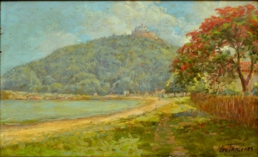 LEVINO FANZERES (1884-1956). Enseada de Vila Velha ao Fundo Convento da Penha - ES, óleo smadeira, 41 x 64