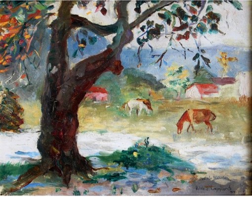 Hilda Campofiorito. Paisagem com Animais e Casario ao Fundo  OSM. 21 x 27,5 cm.