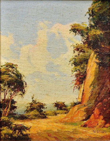 RODOLFO WEIGEL (1907-1987) - Paisagem com Estradinha, óleo stela colado na madeira, 24 X 19.