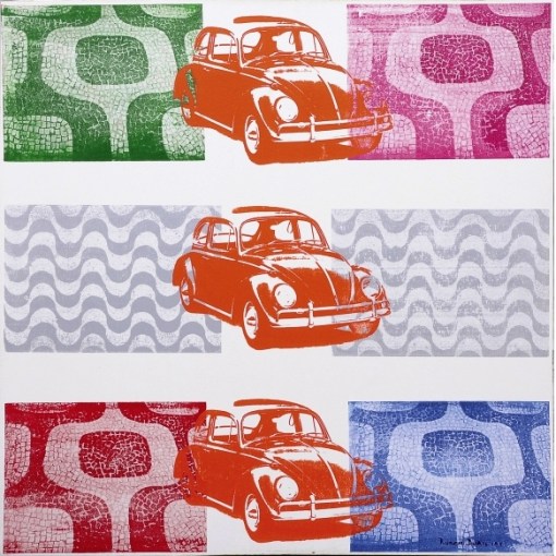 RUBEM DUAILIBI - Três VW em Copacabana e Ipanema - Acrílico s tela colado e silk-screen - 100 x 100 cm - ass. inf. direito e verso - 2008 -