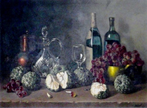 WERNER LEVIN (Alemanha,1920-Brasil,1996) - Frutas do Conde, uvas rubis, tacho de cobre, jarra, cálice e garraf
