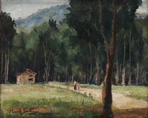 MANOEL SANTIAGO (1897 - 1987) - Paisagem Campestre com Casario Teresópolis-RJ, óleo sobre tela Déc. 40, med. 33 x 41cm, assinado e datado 1948, localizado Teresópolis