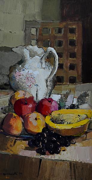 ROMANELLI, Armando (1945) - Jarra e Frutas, óleo sobre chapa de madeira industrializada - 70 x 35 cm. Assinado e datado 79 frente e verso