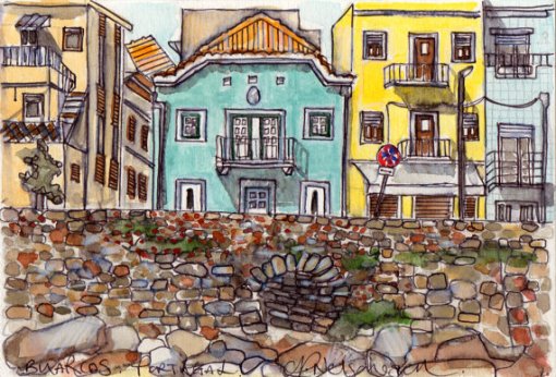 Buildings in Buarcos, Portugal, Claire Nelson-Esch, Pencils, Ink, watercolour on paper, 13.5 x 21cm  ©Claire Nelson-Esch. httpclairelovesyouthismuch.blogspot.com.br