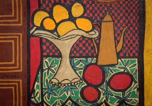 GENARO DE CARVALHO (1926-1971). Bule, Fruteira e Fruto sobre a Mesa, óleo smadeira, 18 X 22