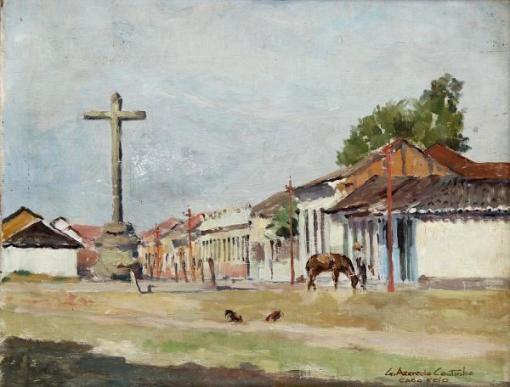 GERSON AZEREDO COUTINHO (1900-1967) -Cruzeiro Colonial - Cabo Frio-RJ, pintura a óleo sobre madeira, med. 28 x 36cm,