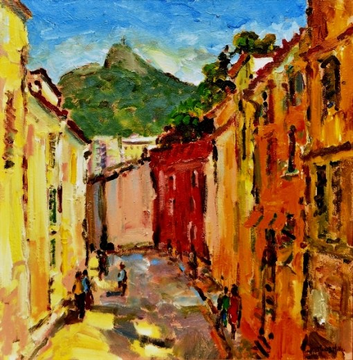 MAURO BANDEIRA DE MELLO (1960). Cristo Redentor Visto da Rua Pires de Almeida no Cosme Velho,ost, 60 X 60. Assinado no c.i.d. e no verso (2009).