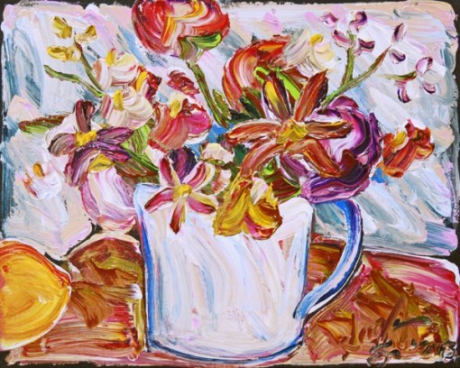 Sou Kit Gom(SP, 1973) - O vaso e o pêssego - Acrílica sobre tela 40x50 cm - 2013 - Assinado no canto inferior direito