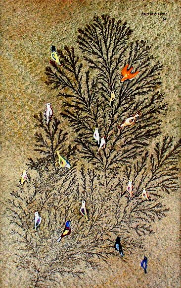 Fulvio PENNACCHI (Brasil, 1905 - 1992)Árvore com pássaros,1986,técnica mista sobre placa de pedra, 44 x 28 cm