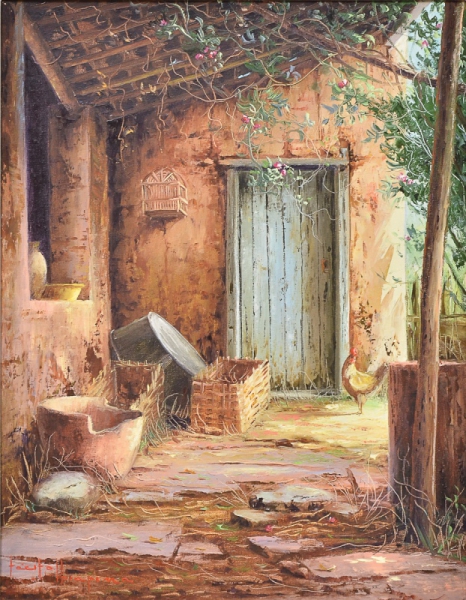 TÁCITO IBIAPINA (1950). Fundo de Quintal com Galináceo, óleo s tela, 50 x 40. Assinado no c.i.e.