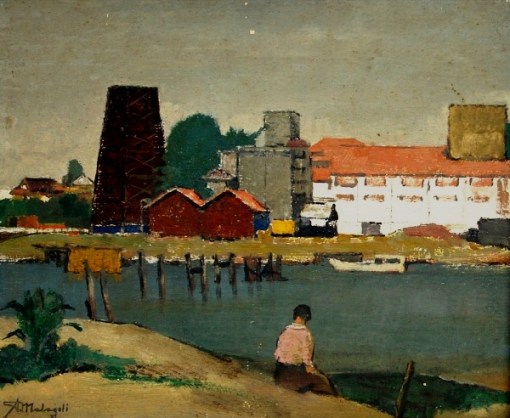 A.MALAGOLI (1906 -1994) - Paisagem com o Rio Guaíba com Usina de Gasômetro ao Fundo e Mulher Sentada. OSM. 38 x 46 cm