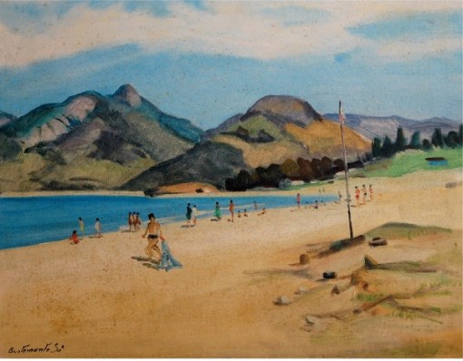 BUSTAMANTE SÁ (Rio de Janeiro, 1907 - 1988) Praia do Pontal, Rio de Janeiro. Óleo s tela. Ass. cid e verso. 51 x 65 cm.