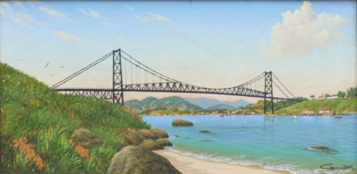 Eduardo Camões, Ponte Hercílio Luz, Óleo sobre tela, 20 alt X 40 larg (cm), acid e verso, Ano 1988 Floripa