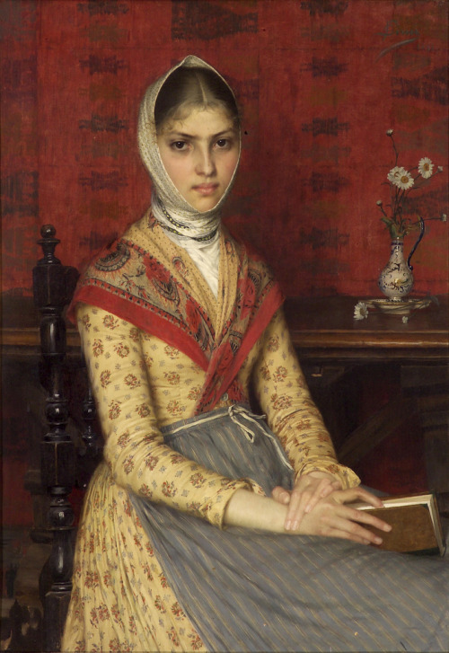 Filadelfo Simi (1849 - 1923) A portrait of a young woman holding a book