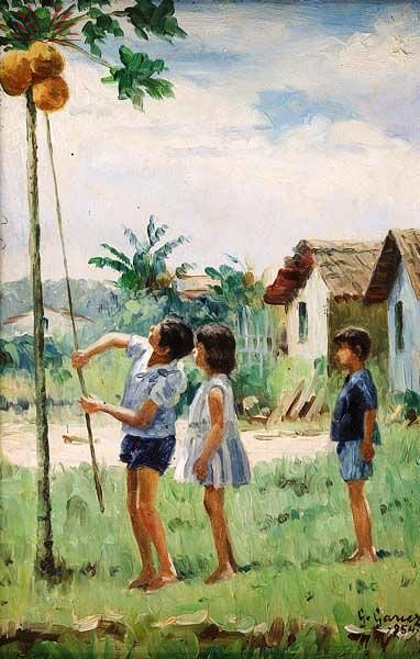 Gentil Garcez (Brasil, 1903, 1992) Crianças pegando coco, 1954, ose, 30 x 20 cm