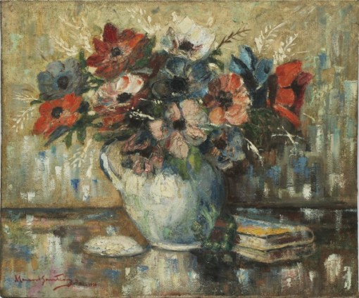 MANOEL SANTIAGO (1897-1987) -Natureza Morta - Vaso de Flores, óleo sobre tela, Déc. 50, med. 50 x 60cm, assinado frente e verso, datado 1950 e localizado Rio