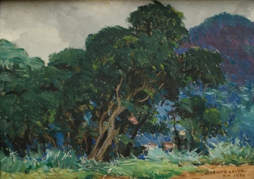 VICENTE LEITE (1900-1941).Paisagem Serrana com Mata Atlântica, óleo s madeira, 16 X 22. Assinado, datado (1938) e localizado (Rio) no c.i.d.