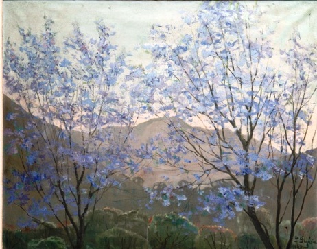 Paulo Gagarin Óleo sobre tela Paisagem com árvores assinado e datado 1943  62x 80 cm