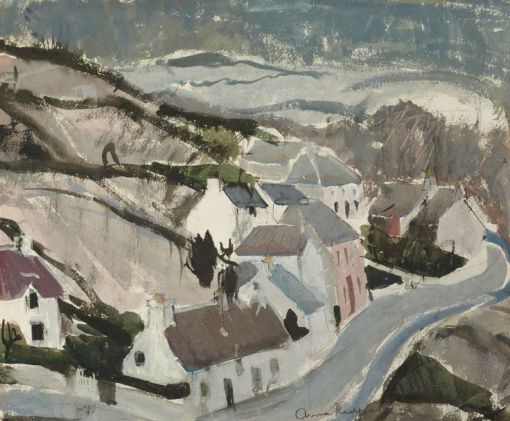 Anne Redpath (Escócia, 1895-1965), aquarela, Casas em Skye, 1965