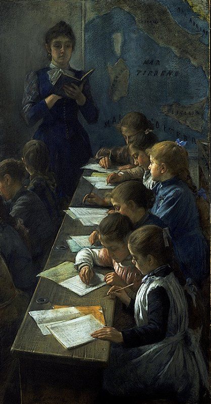 Demetrio Cosola, Il dettato (The dictation lesson), 1891, Torino, Galleria Civica di Arte Moderna e Contemporanea, pastel on canvas, cm 93x182