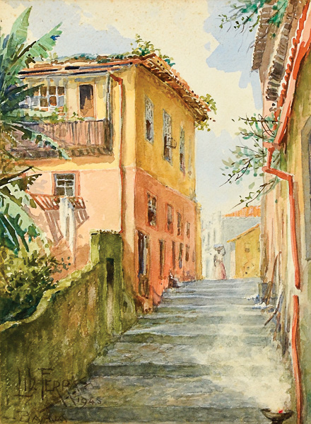 LIBINDO FERRAZ (1877-1951)Antigo Beco do Saputi-Bahia, aquarela, 33 X 25. Assinado, datado (1945) e localizado (Bahia)