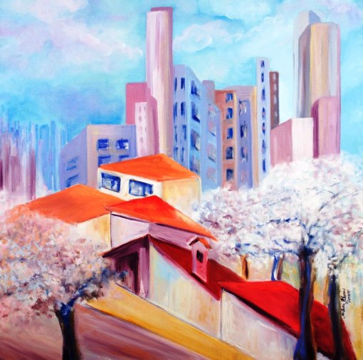 SILVIA ALVES - (Brasil, 1947)Primavera em São Paulo - óleo sobre tela - 80 x 80 cm - 2012