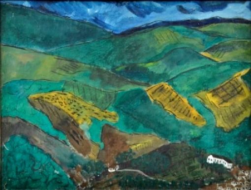 TOBIAS MARCIER (1948-1982). Paisagem Serrana com Casarios, aquarela, 28 x 37.