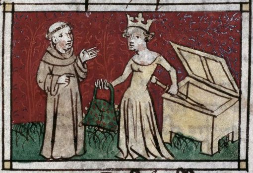 A queen, a monk, and a fabulous bag . Harley MS 4399, f. 22r