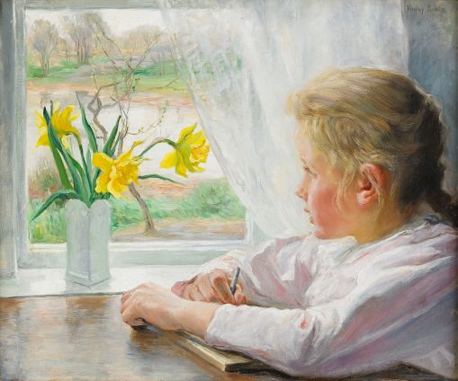 FANNY BRATE, (Suécia,1861-1940) Flicka à janela branca, 1907, ost,  46 x 55 cm.