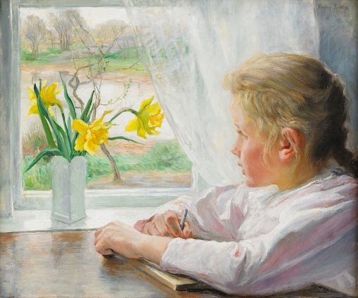 FANNY BRATE, (Suécia,1861-1940) Flicka à janela branca, 1907, ost,  46 x 55 cm.