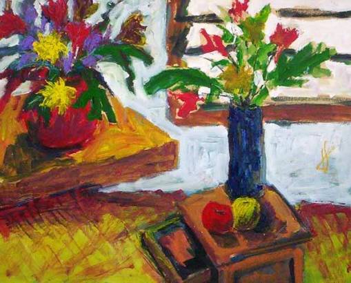 Jorge Franco (1955) Vasos de flores. Técnica mista sobre placa 100 x 80 cm.