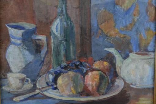 MANOEL SANTIAGO (1897 - 1987)Frutas sobre a mesa, o.s.m. - 37 x 45 cm. Ass. e dat. 1952 e localizado Rio.