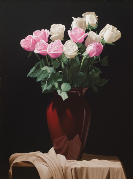 RENATO MEZIAT (1952). Vaso Sangue de Boi com Rosas sobre a Mesa, óleo s tela, 100 X 75. Assinado no c.i.e e datado (2011) no verso