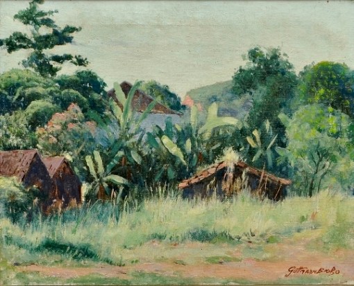GUTTMAN BICHO, GALDINO (1888-1955). Paisagem com Casinhas Rurais, Bananeiras e Amendoeiras, óleo s tela, 32 X 40. Assinado no c.i.d. Década de 40.